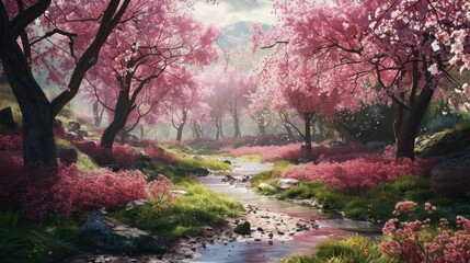 Naklejka premium A realistic painting depicting a stream meandering through a lush forest. Tall trees, green foliage, and a gentle flowing stream are the main elements of this beautiful landscape.