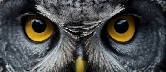 A close up of the head of a bird of prey an owl with yellow eyes, a grey feathered body, a sharp beak, and large wings