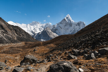 Ama Dablam and Chamlang mounts and Chukhung glacier on descent from Kongma La Pass during Everest Base Camp EBC or Three Passes trekking in Khumjung, Nepal. Highest mountains in the world.