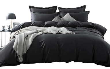 Luxurious 7-Piece Complete Black Comforter Set, Queen Comforter Set 7 Pieces Black Complete Bedding set Isolated on Transparent background.