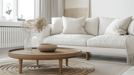 Modern Minimalist Living Room with Neutral Tones and Round Wooden Coffee Table