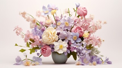 Obraz na płótnie Canvas Generative AI A picturesque display of a pastel-colored floral bouquet against a clean white backdrop, providing an ideal area for custom greetings or captions.