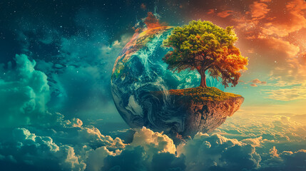 globe Earth planet in hands above green nature garden, safe ecology, care about Earth - obrazy, fototapety, plakaty