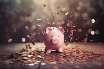 a piggy bank with coins falling - obrazy, fototapety, plakaty