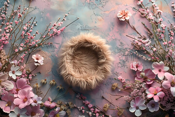 Newborn Floral digital backdrop. Moses basket, fur nest, featherbed, fluffy bed, crib. Background for Newborn Photography, Composite.