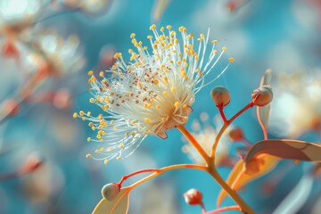 Detailed view of a Blue Gum Eucalyptus flower on a tree, showcasing its intricate features and vibrant colors against a blurred background of tree leaves.
