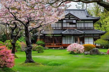 A traditional Japanese house nestled among a lush green landscape filled with vibrant flowers and towering trees. The architecture seamlessly blends with the natural surroundings, creating a serene an