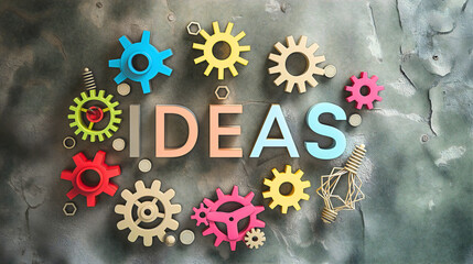 Text "Ideas" surrounded by colorful cogwheels or gears. Creative business idea or solution to a problem concept for better performance and system efficiency. Development or invention, work progress