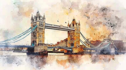 A detailed watercolor painting depicting the iconic Tower Bridge in London, showcasing its intricate architecture, river Thames, and surrounding cityscape in vibrant colors.