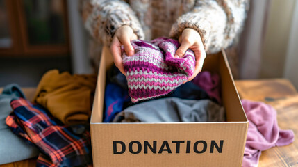 Woman holding cardboard box with text "Donation". Clothes for the poor, community volunteering for charity purposes concept. Giving away second hand things for children in poverty or homeless people