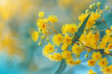 A close-up view of vibrant yellow flowers blooming on a tree branch, showcasing the intricate details of the petals and stamens. The sunlight enhances the vivid color of the blooms, while the green le - obrazy, fototapety, plakaty