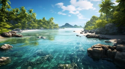 Generative AI A panoramic view showcasing a stunning tropical archipelago with coconut palms, secluded beaches, and tranquil lagoons ideal for aquatic exploration - obrazy, fototapety, plakaty