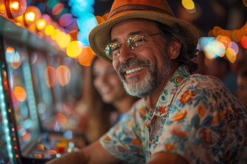 Obraz premium Portrait of cheerful man in hat posing over slot machine in a casino during vacation, trying to win money. Gambling, entertainment and fun activities concept
