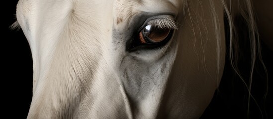 Close up of a white horses eye with no expression, showcasing eyelashes, wrinkles on the snout, and whiskers. Terrestrial animal with a black background