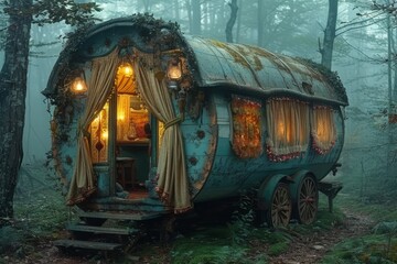 Wagon of a gypsy fortune-teller at the edge of a misty forest. Colorful drapes hang from windows and flickering lanterns around the exterior. Concept of predicting future, divination and mysticism - obrazy, fototapety, plakaty