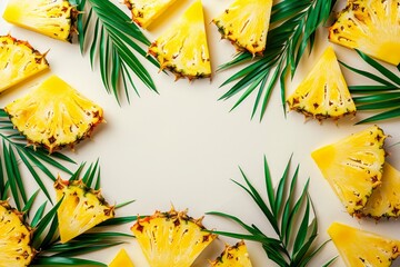 a frame made of ananas slices and palm leaves with copy space in the middle. Summer vibes - obrazy, fototapety, plakaty