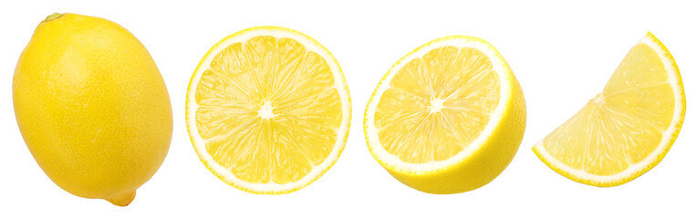 lemon fruit, slice and half isolated, Fresh and Juicy Lemon, transparent png, PNG format, cut out - obrazy, fototapety, plakaty