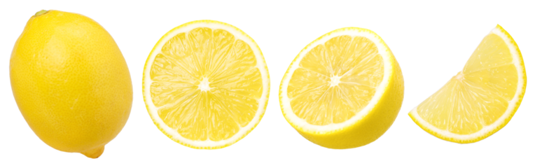 lemon fruit, slice and half isolated, Fresh and Juicy Lemon, transparent png, PNG format, cut out