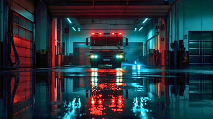 Firefighting truck parked at night in a garage of a fire department building. Fireman 911 emergency service vehicle, nighttime lights - Powered by Adobe