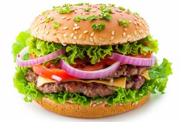 Juicy hamburger on white background, BEEF BURGER made of lettuce, tomato, onion, cheese, white background