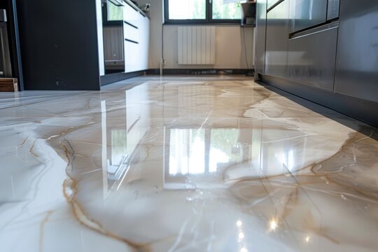 Beautiful and modern marble floor covering with epoxy and resin. Expensive but long life. Generative AI