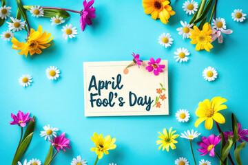 Colorful funny humorous postcards banner for April Fools' Day, April 1, the day of jokes and laughter. With the inscription "April Fool's Day". Floral arrangement, mockup. Discount and sale