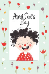 Colorful funny humorous postcards banner for April Fools' Day, April 1, the day of jokes and laughter. With the inscription "April Fool's Day". Children's illustration. Discount and sale
