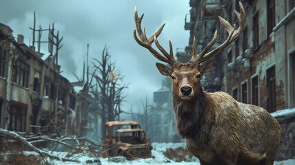 Deer animal standing in a post apocalyptic city street during snowy winter, cold weather outdoors, destroyed buildings, Post destruction town ruins, abandoned street, demolished skyscrapers - obrazy, fototapety, plakaty