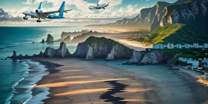 Travel video intro flight change airplane is flying over a beach and ocean, in the style of Photo real