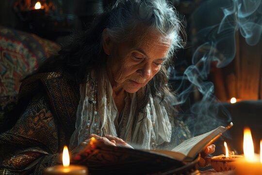 In mysterious chamber senior gypsy fortune-teller reads mysterious ancient book with spells or descriptions of magical rituals. Burning candles lighting up room, creating an otherworldly atmosphere - Powered by Adobe