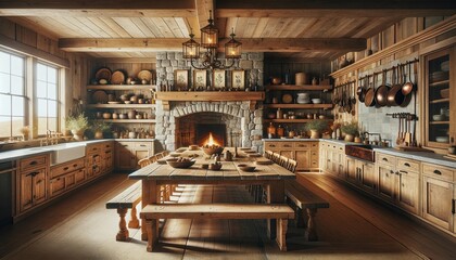 Fototapeta na wymiar Bright and airy rustic kitchen design, emphasizing a blend of light and texture. The kitchen boasts high ceilings with skylights, allowing natural materials