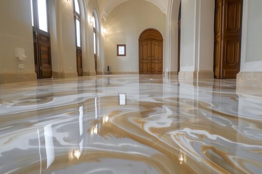 Beautiful and modern marble floor covering with epoxy and resin. Expensive but long life. Generative AI