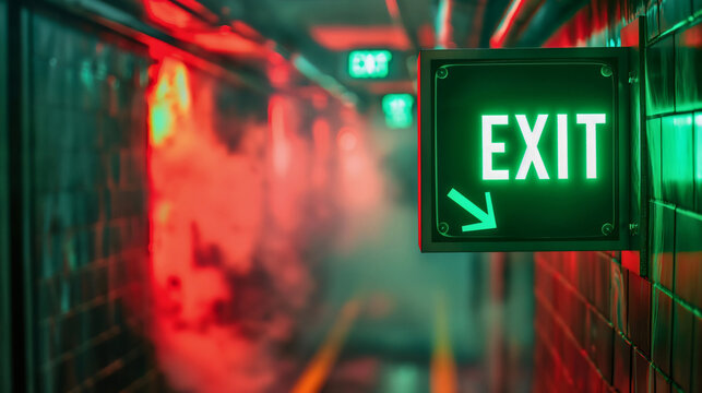 Emergency fire exit sign and red alarm symbolizing the danger, placed near the evacuation door inside the building interior filled with smoke or smog. Urgency warning to run away, escape, siren,sensor