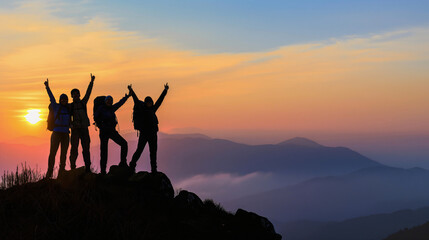 Silhouette of a group of four hikers standing on the top of the mountain with their arms raised up...