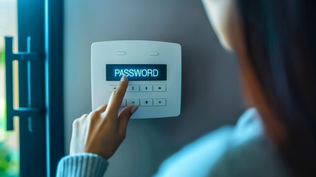 Closeup of a young woman touching the digital screen on the home alarm and typing the password code. Safety or security house system with keypad buttons for household control and protection of access