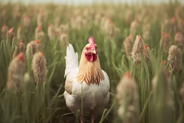 Foto auf Alu-Dibond a chicken standing in a field of grass © Elena