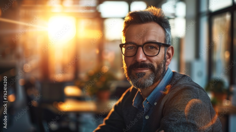 Poster A man with a beard and glasses is seated at a table, engrossed in an activity. He appears focused and attentive, with various items scattered on the table in front of him.