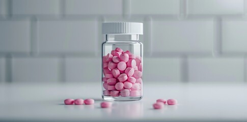 a glass jar full of pink pills against grey background. 