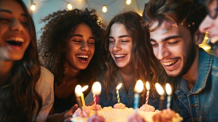 A group of people are gathered around a cake with lit candles, celebrating a birthday. The candles flicker as they sing happy birthday and prepare to blow out the candles. - obrazy, fototapety, plakaty