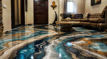 Beautiful and modern marble floor covering with epoxy and resin. Expensive but long life. Generative AI