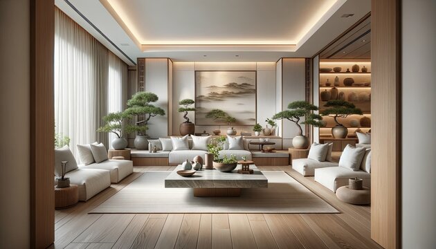 Asian Zen style living room that blends simplicity with elegance, focusing on creating a tranquil and harmonious environment.