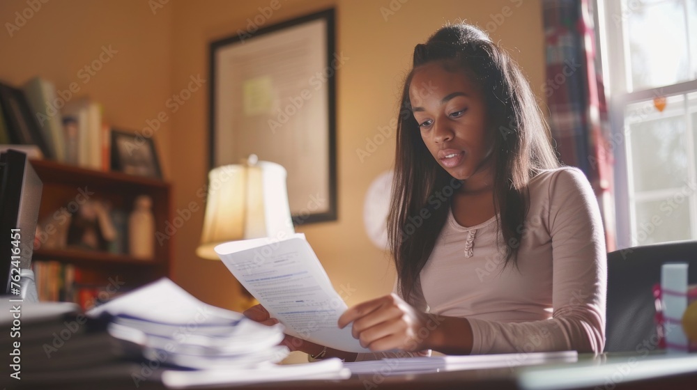 Poster a woman is seated at a desk, engrossed in a book she is reading. the scene captures her focused atte