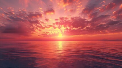 The sun setting in a blaze of orange and pink hues over the vast expanse of the ocean. The sky is filled with fluffy white clouds, creating a dramatic and stunning scene.