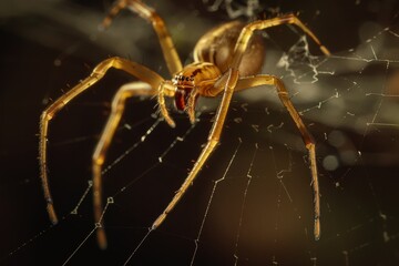 A detailed view of a Chilean recluse spider positioned on its intricate web, showcasing its intricate features and behavior.