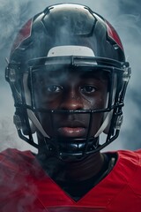 dark-skinned player in sports uniform and helmet close-up.