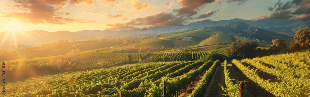 Poster a beautiful vineyard with a sun setting in the background. the sun is shining on the vines and the h