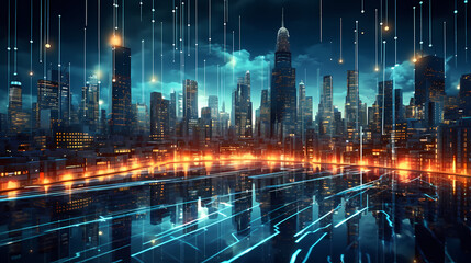 Vibrant digital smart city at night