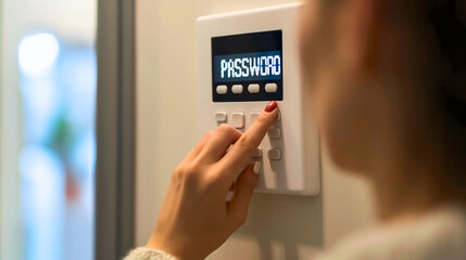 Closeup of a young woman touching the digital screen on the home alarm and typing the password code. Safety or security house system with keypad buttons for household control and protection of access