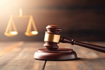 Elegant wooden judge's gavel with a blurred background featuring the scales of justice, denoting legal authority. Judge's Gavel and Scales of Justice Background