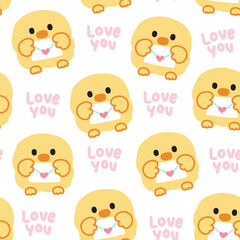 Seamless pattern of cute chicken with paper mail with love you text on white background.Farm animal character cartoon design.Valentines day.Kawaii.Vector.Illustration.